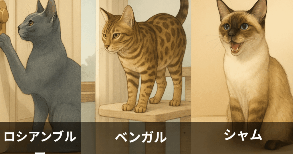 5匹の頭のいい猫が並ぶイラスト。左からアビシニアン、ロシアンブルー、ベンガル、シャム、メインクーンが知的な表情で描かれている。