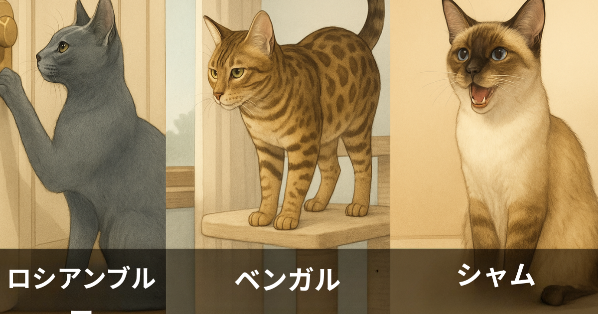 5匹の頭のいい猫が並ぶイラスト。左からアビシニアン、ロシアンブルー、ベンガル、シャム、メインクーンが知的な表情で描かれている。