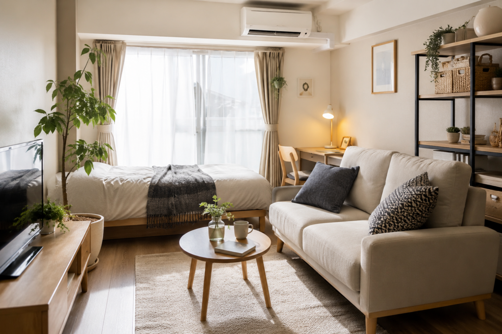 一人暮らしの部屋にソファを配置したナチュラルインテリアのワンルーム
